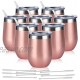 8 Pack 12Oz Stainless Steel Wine Tumblers Insulated Wine Tumbler Double Wall Insulated Wine Glass Stainless Steel Stemless Wine Cups with Lids for Coffee Wine Cocktails Champaign Rose Gold