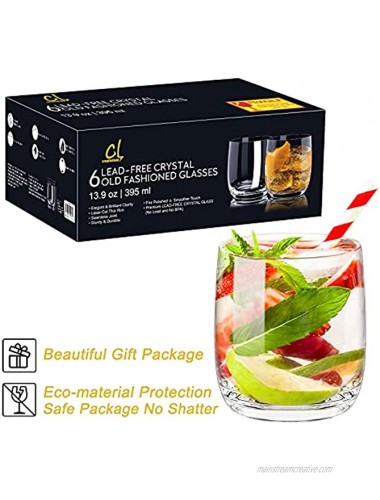 CREATIVELAND Crystal Tumbler Glasses Set of 6 LEAD-FREE CRYSTAL GLASSES Brilliant Clarity Thin Rim Whiskey Glass Cocktails Glasses,Drinking Cups,Old Fashion Glasses,Rocks Glasses 13.9oz 395ML