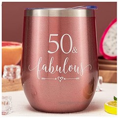 Crisky Rose Gold 50 & Fabulous Wine Tumbler for Women 50th Birthday Gifts for Women Wife Mom Sister Aunt Friends Coworker Her Vacuum Insulated Coffee Cup,12oz with Box Lid Straw