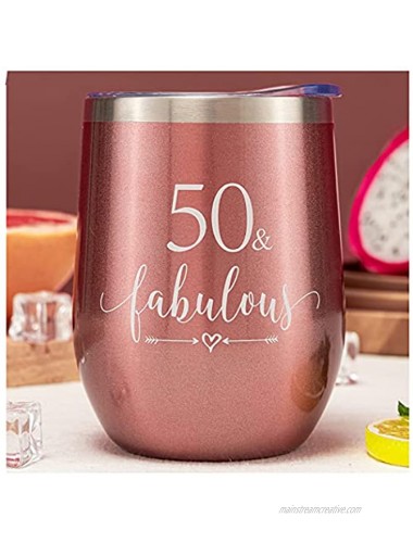 Crisky Rose Gold 50 & Fabulous Wine Tumbler for Women 50th Birthday Gifts for Women Wife Mom Sister Aunt Friends Coworker Her Vacuum Insulated Coffee Cup,12oz with Box Lid Straw