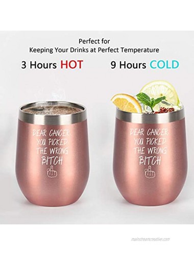 Dear Cancer You Picked The Wrong Bitch Stainless Steel Wine Tumbler Cancer Gifts For Women Breast Cancer Cancer Survivor Chemotherapy Gifts For Women 12oz Insulated Wine Tumbler with Lid Rose Gold