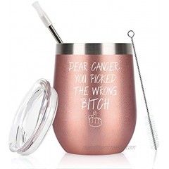 Dear Cancer You Picked The Wrong Bitch Stainless Steel Wine Tumbler Cancer Gifts For Women Breast Cancer Cancer Survivor Chemotherapy Gifts For Women 12oz Insulated Wine Tumbler with Lid Rose Gold