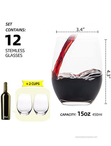 FAWLES Crystal Stemless Wine Glasses Set of 12 15 Ounce Smooth Rim Standard Wine Glass Tumbler for Red White Wine Dishwasher Safe