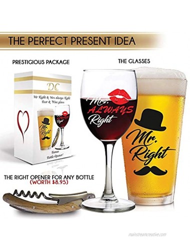 Funny Wedding Gifts | Mr. Right and Mrs. Always Right Glasses Beer & Wine Glass | For Engagement Gifts for Couples Anniversary Birthday Newlyweds Novelty Bridal Shower gift Bachelorette