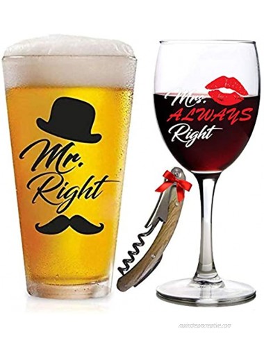 Funny Wedding Gifts | Mr. Right and Mrs. Always Right Glasses Beer & Wine Glass | For Engagement Gifts for Couples Anniversary Birthday Newlyweds Novelty Bridal Shower gift Bachelorette