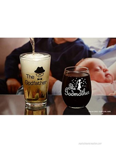 Godparent Gifts Godfather Pint Beer Glass Godmother Stemless Wine Glass Gifts for Godparents 16 and 15 Ounces