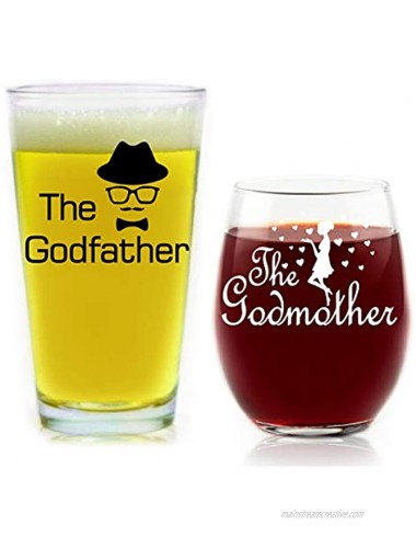 Godparent Gifts Godfather Pint Beer Glass Godmother Stemless Wine Glass Gifts for Godparents 16 and 15 Ounces