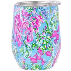 Lilly Pulitzer 12 Ounce Insulated Stemless Wine Tumbler with Lid Blue Stainless Steel Travel Cup Best Fishes