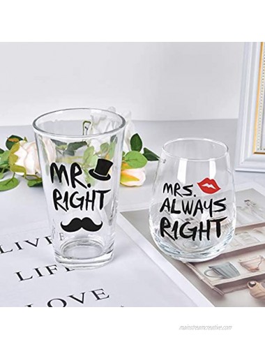 Mr. Right and Mrs. Always Right Stemless Wine Glass and Beer Glass Funny Couple Set for Her Him Newlywed Couples Ideal for Wedding Anniversary Valentine's Day Birthday Christmas 12Oz