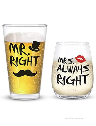 Mr. Right and Mrs. Always Right Stemless Wine Glass and Beer Glass Funny Couple Set for Her Him Newlywed Couples Ideal for Wedding Anniversary Valentine's Day Birthday Christmas 12Oz