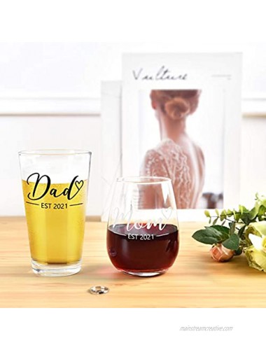 New Parents Gift Mom & Dad EST 2021 Stemless Wine Glass and Beer Glass Set for Parents To Be Mom Dad Friend Perfect Present for Mother’s Day Father’s Day Baby Shower Christmas Birthday Daily Use