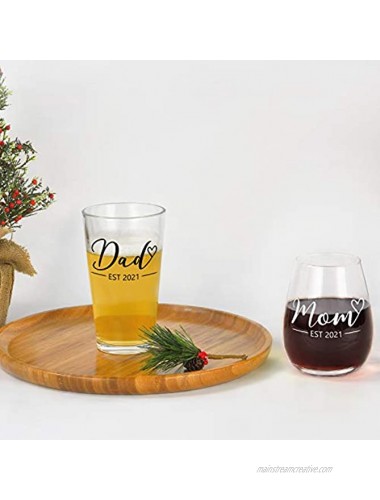 New Parents Gift Mom & Dad EST 2021 Stemless Wine Glass and Beer Glass Set for Parents To Be Mom Dad Friend Perfect Present for Mother’s Day Father’s Day Baby Shower Christmas Birthday Daily Use