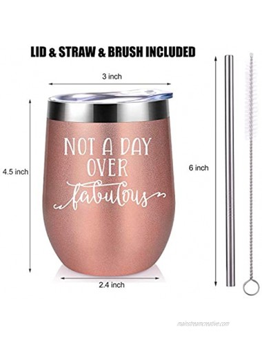 Not a Day Over Fabulous Funny Birthday Christmas Wine Gifts Ideas for Women Wife Mom Mother in Law Daughter Sister Best Friend BFF Coworker Her Coolife 12oz Insulated Wine Tumbler w Lid