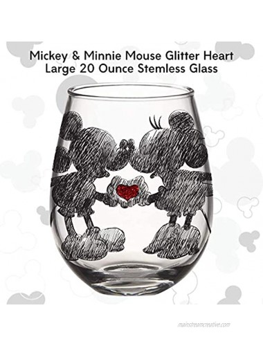 Silver Buffalo Disney Mickey and Minnie Classic Heart Glitter Stemless Glass 20 Oz