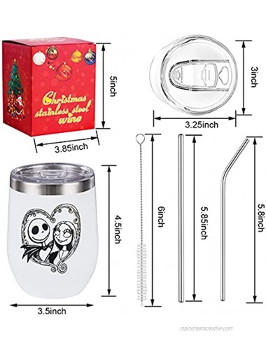 The Nightmare Before Christmas Wine Glass Tumbler,12 oz Stainless Steel Unbreakable Stemless Wine Cup with Sealing Lid and 2 Straws Birthday Holiday Gifts for Movie Lovers,Friends White