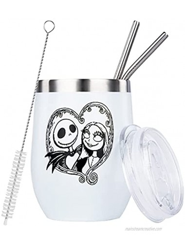 The Nightmare Before Christmas Wine Glass Tumbler,12 oz Stainless Steel Unbreakable Stemless Wine Cup with Sealing Lid and 2 Straws Birthday Holiday Gifts for Movie Lovers,Friends White