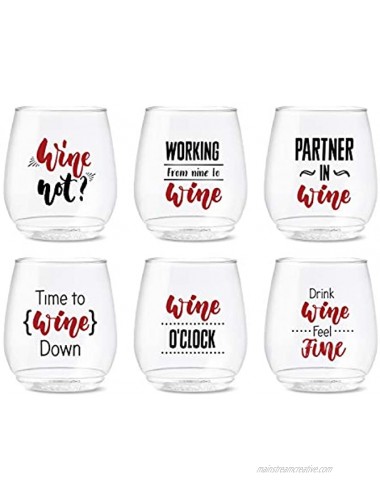 TOSSWARE POP 14oz Vino All About Wine Series SET OF 6 Recyclable Unbreakable & Crystal Clear Plastic Printed Glasses