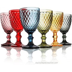 ZOOFOX Set of 6 Wine Glasses 10 oz Colored Glass Goblet with Diamond Pattern Embossed High Clear Glassware for Party and Wedding  Multi-Colors