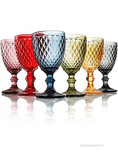 ZOOFOX Set of 6 Wine Glasses 10 oz Colored Glass Goblet with Diamond Pattern Embossed High Clear Glassware for Party and Wedding Multi-Colors