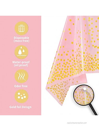 108x54 4 Packs Pink and Gold Disposable Party Tablecloth for Rectangle Table Gold Stamping Dot Confetti Rectangular Plastic Table Cover for Bachelorette Girl Birthday and Baby Shower Wedding