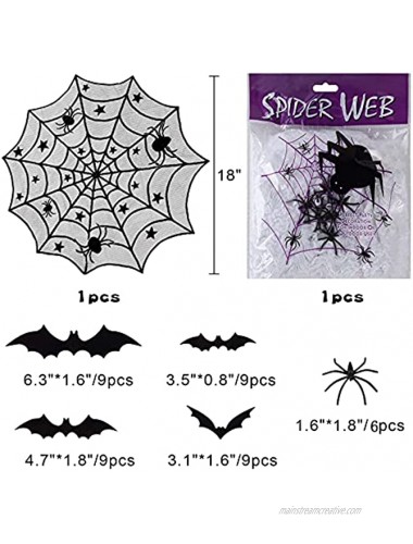 47Pcs Halloween Decorations Tablecloth Set,Black Lace Table Runner,Cobweb Lampshade,Fireplace Mantel Scarf,Round Table Cover with 3D Bat Sticker 3D Spiders Stretchy Cobwebs for Halloween Party