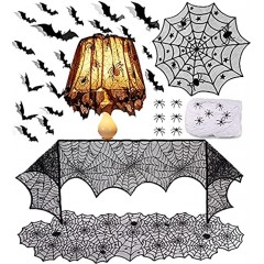 47Pcs Halloween Decorations Tablecloth Set,Black Lace Table Runner,Cobweb Lampshade,Fireplace Mantel Scarf,Round Table Cover with 3D Bat Sticker 3D Spiders Stretchy Cobwebs for Halloween Party