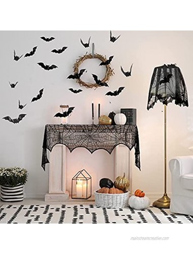 5 Pack Halloween Decorations Tablecloth Set Black Lace Table Runner Round Spider Cobweb Table Cover Fireplace Mantel Scarf Spiderweb Lampshade with 48pcs Scary 3D Bat for Halloween Party Decor