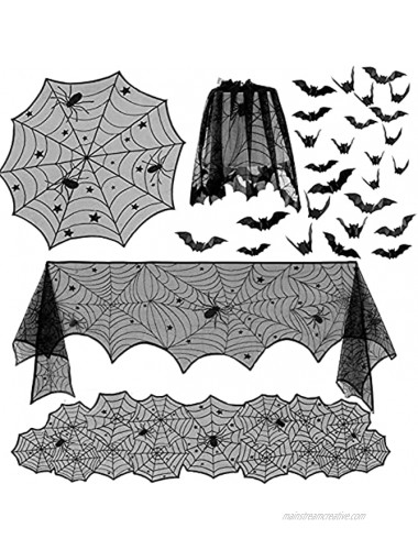 5 Pack Halloween Decorations Tablecloth Set Black Lace Table Runner Round Spider Cobweb Table Cover Fireplace Mantel Scarf Spiderweb Lampshade with 48pcs Scary 3D Bat for Halloween Party Decor