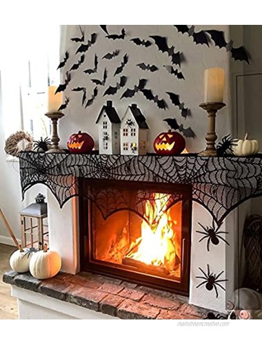 6 Props Halloween Table Decor Spider Web Halloween Tablecloth Table Cover Black Lace Table Runner Fireplace Mantle Scarf+Stretch Cobweb Set+Halloween Bats Decor Home Decor Halloween Decorations