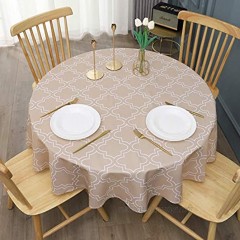 AooHome 60 Inch Round Tablecloth Fabric Spill-Proof Water Repellent Geometric Quatrefoil Table Cloth for Celebration Holiday Party Machine Washable Heavy Weight Khaki