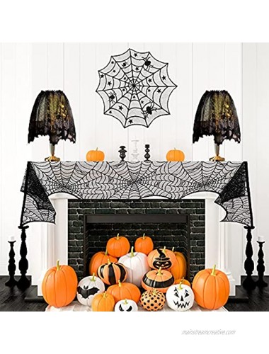 CREPRO Halloween Tablecloth and Runner Set Halloween Fireplace Mantel Scarf & Round Table Cover & Lace Table Runner & Spider Lampshade & 4 Rectangular Placemats for Halloween Home Party Decorations