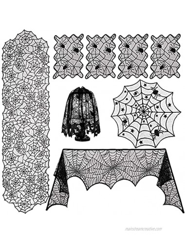 CREPRO Halloween Tablecloth and Runner Set Halloween Fireplace Mantel Scarf & Round Table Cover & Lace Table Runner & Spider Lampshade & 4 Rectangular Placemats for Halloween Home Party Decorations