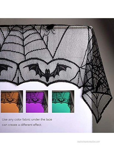 eZAKKA Halloween Tablecloth Lace Rectangular Black Spider Web 48 x 96 inch Polyester Spooky Bat Lace Tablecover for Gothic Halloween Party Home Decorations