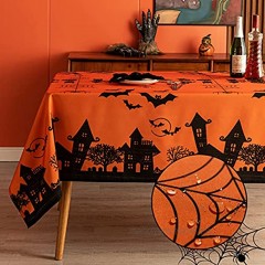 MikiUp Rectangle Halloween Tablecloth Waterproof Wrinkle Resistant and Washable Holiday Table Cloth Haunted House Decorative Table Cover for Party Kitchen Dining Room Indoor 60 x 84 Inch 160GSM