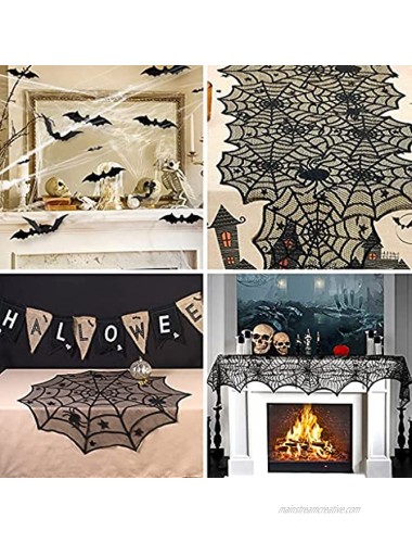 OWUDE 5 Pack Halloween Decorations Sets Fireplace Mantel Scarf & Lace Tablecloth Runner & Round Table Cover & 60g Stretchy Spider Web & 72pcs Scary 3D Bat for Halloween Party