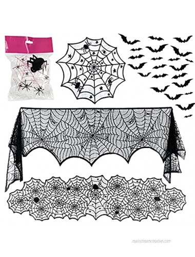 OWUDE 5 Pack Halloween Decorations Sets Fireplace Mantel Scarf & Lace Tablecloth Runner & Round Table Cover & 60g Stretchy Spider Web & 72pcs Scary 3D Bat for Halloween Party
