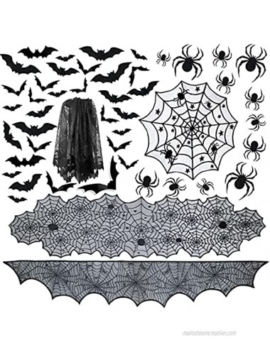PiPiPrawn 6pack Halloween Tablecloth Halloween Fireplace Mantel Scarf & Round Table Cover & Lace Table Runner & Cobweb Lampshade with 32pcs Scary 3D Bat 12pcs Scary 3D Spider for Halloween Party
