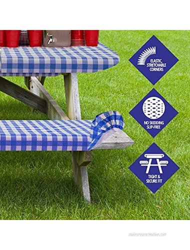 Sorfey Vinyl Picnic Table and Bench Fitted Tablecloth Cover Checkered Design Flannel Backed Lining 28 x 72 Inch 3-Piece Set Blue