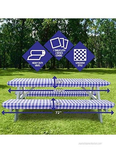 Sorfey Vinyl Picnic Table and Bench Fitted Tablecloth Cover Checkered Design Flannel Backed Lining 28 x 72 Inch 3-Piece Set Blue