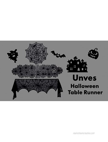 Unves Halloween Table Decorations Indoor Include Halloween Table Runner & Spider Web Fireplace Mantel Scarf & Round Black Lace Tablecloth for Halloween Party Supplies Decors 3pack