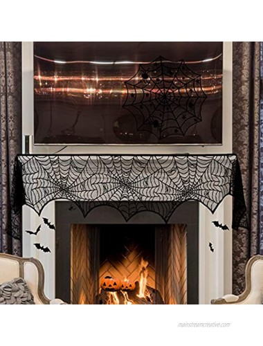 ZeeDix 39 Pcs Halloween Decorations Include Black Lace Spiderweb Round Tablecloth Fireplace Scarf Rectangle Table Runner and 36 Bats Wall Stickers for Halloween Home Party Decor