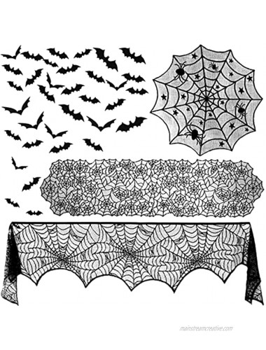 ZeeDix 39 Pcs Halloween Decorations Include Black Lace Spiderweb Round Tablecloth Fireplace Scarf Rectangle Table Runner and 36 Bats Wall Stickers for Halloween Home Party Decor