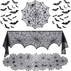 35 Pieces Halloween Decorations Set Include Lace Spider Web Table Runner Round Lace Table Cover Fireplace Mantel Scarf and 32 Pieces 3D Bats Wall Sticker Decal