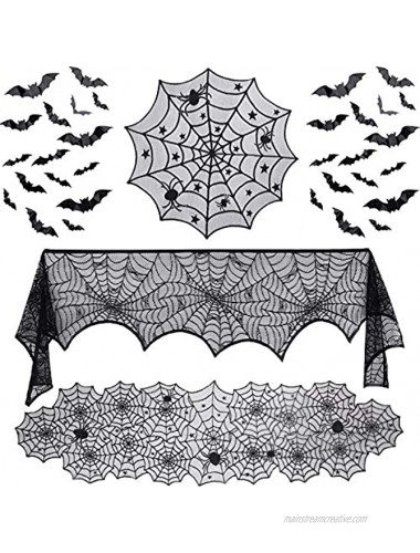 35 Pieces Halloween Decorations Set Include Lace Spider Web Table Runner Round Lace Table Cover Fireplace Mantel Scarf and 32 Pieces 3D Bats Wall Sticker Decal