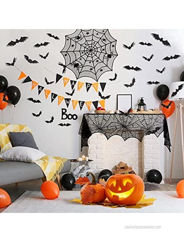 65Pcs Halloween Decorations Set Spider Web Fireplace Mantel Scarf & Lace Table Runner & Spiderweb Round Table Cover & Creepy Cloth with 60PCS Scary 3D Bat for Indoor Home Party Decor Supplies Black
