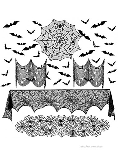 65Pcs Halloween Decorations Set Spider Web Fireplace Mantel Scarf & Lace Table Runner & Spiderweb Round Table Cover & Creepy Cloth with 60PCS Scary 3D Bat for Indoor Home Party Decor Supplies Black