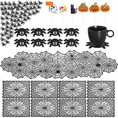 73PCS Halloween Table Decorations Party Decorations Spider Web Halloween Table Runner 8PCS Placemats & 8PCS Spider Coasters & 40PCS 3D Spiders & Cupcake Toppers for Halloween Party Decor Supplies