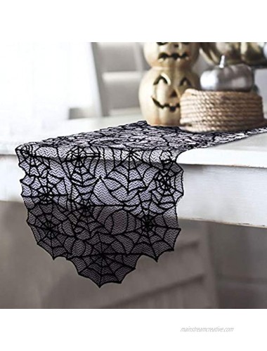 AerWo 80“×20“ Polyester Lace Halloween Table Runner Large Black Spider Web Table Runner for Halloween Dinner Parties and Scary Movie Nights Table Decoration