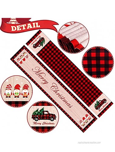AerWo Christmas Table Runner Double Sided Buffalo Plaid Table Runner Printed with Christmas Tree Christmas Gnomes Truck Merry Christmas for Indoor Xmas Holiday Table Runner Decor 72 x 12 Inch