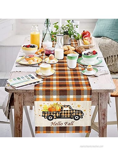 AerWo Fall Table Runner Double Sided Buffalo Check Table Runner Printed with Pumpkins Fall Leaves Gnomes Hello Fall for Outdoor Indoor Dinner Thanksgiving Party Fall Table Decor 72 x 13 Inch